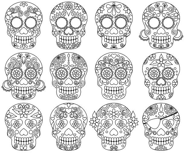 ilustraciones, imágenes clip art, dibujos animados e iconos de stock de vector conjunto de día de los muertos cráneo o azúcar cráneo - ceremonial dancing illustrations