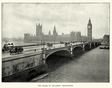 Photogravure engraving of Houses of Parliament and horses and carriages driving over Westminster Bridge, London, England. 1897