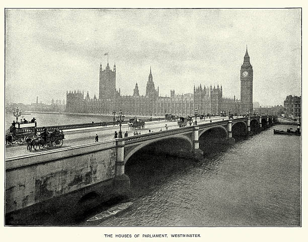 Houses of Parliament and Westminster Bridge, London, 1897 Photogravure engraving of Houses of Parliament and horses and carriages driving over Westminster Bridge, London, England. 1897 big ben photos stock illustrations