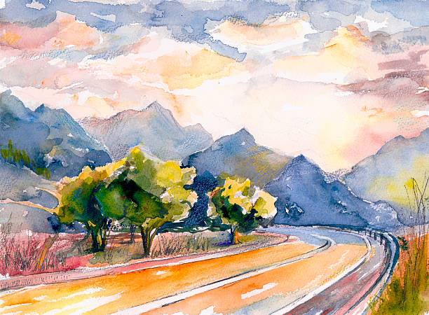 drzewa o zachodzie słońca, watercolor - european alps germany landscaped spring zdjęcia i obrazy z banku zdjęć