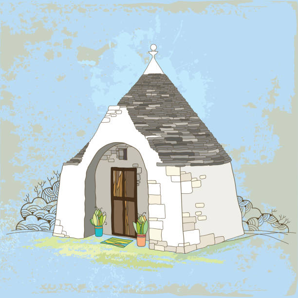 Traditional Trulli house with conical roof on the textured background Traditional Trulli house with conical roof on the textured background. trulli house stock illustrations