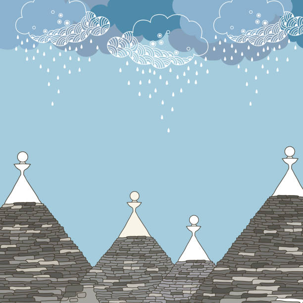 Conical roofs of the Trulli houses under rainy cloud Conical roofs of the Trulli houses under rainy cloud trulli house stock illustrations