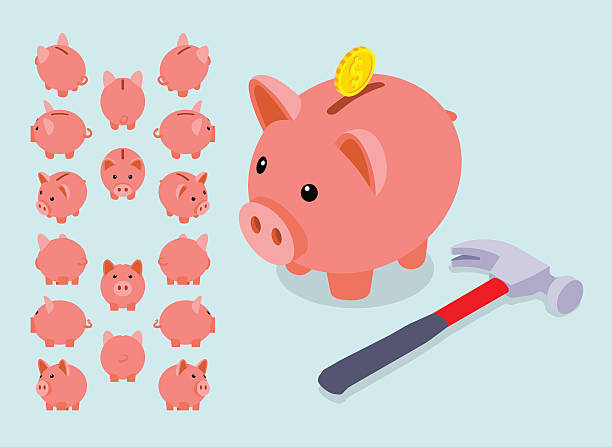 Isometric piggy bank Isometric piggy bank. Set of the piggy moneyboxes. The objects are isolated against the light-blue background and shown from different sides piggy bank illustrations stock illustrations