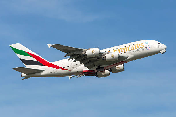 Zürich, Switzerland - May 08, 2014: Airbus A380 of Emirates Airline departing Zurich airport.