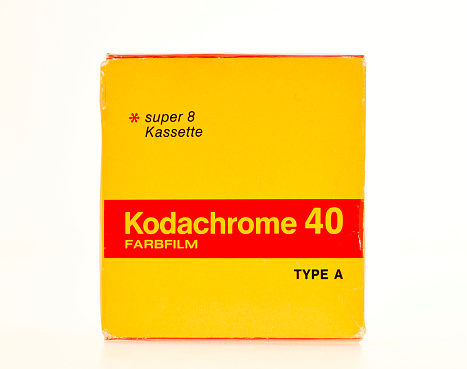 Marbach, Germany - May 7, 2014: Kodachrome 40 Super 8 Kassette - Original pack from 1975, shot in studio on white background.