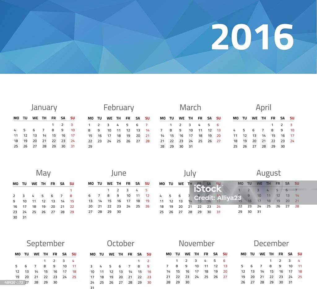 Calendar for 2016 year European сalendar for 2016 year. Vector design template with polygonal picture 2015 stock vector