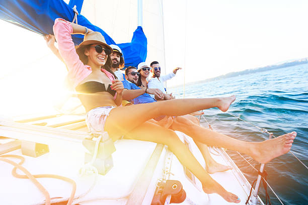 istock Happy sailing crew on sailboat 489201398