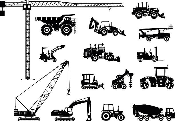 ilustraciones, imágenes clip art, dibujos animados e iconos de stock de conjunto de iconos de construcción pesada máquinas. ilustración vectorial - construction equipment industrial equipment loading construction