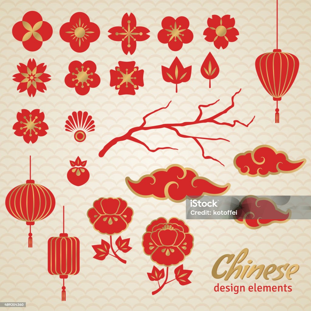 Chiński ikony, ozdobne kwiaty i chmury, chiński światła. - Grafika wektorowa royalty-free (Chūnjié)