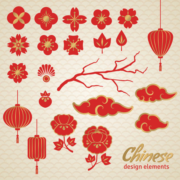 китайского декоративные иконки, облака, цветы и китайский свет. - new year stock illustrations