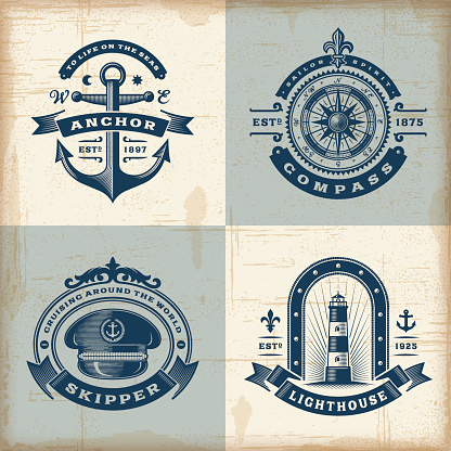 A set of fully editable vintage nautical labels in woodcut style. EPS10 vector illustration. Includes high resolution JPG.