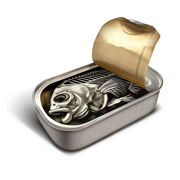 Empty promise concept as an open sardine can with a fish skeleton inside as a disappointment business metaphor and a symbol for worthless meanigless fraud or fleecing the public.
