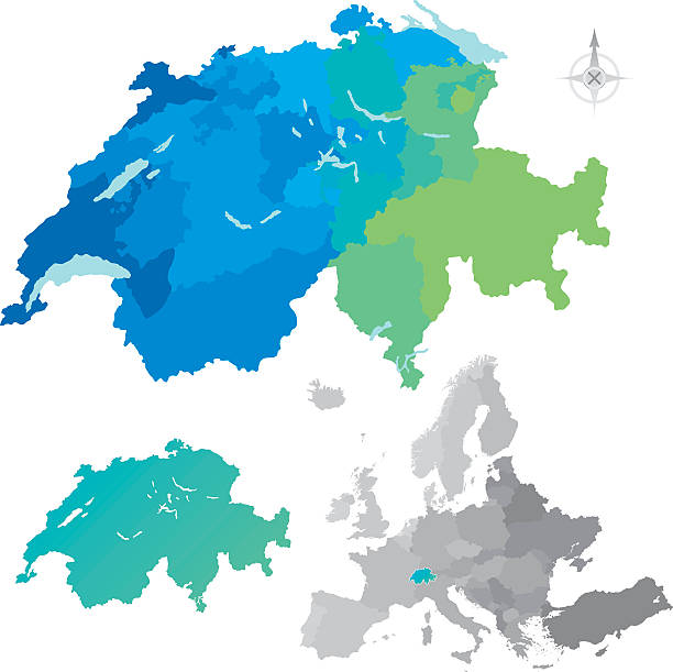 Switzerland Cantons Europe Map Map showing the 26 cantons that make up Switzerland. All on labelled layers. Europe map included. Global colours used. lucerne switzerland stock illustrations