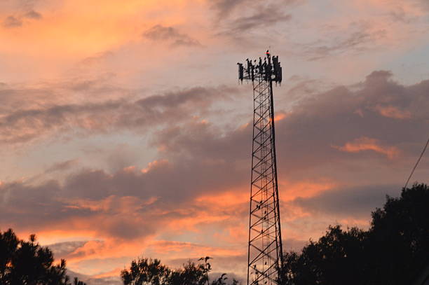 Beautiful sunset photo with clouds in grays, blues, pinks, and oranges, with cell phone tower silhouette in foreground.