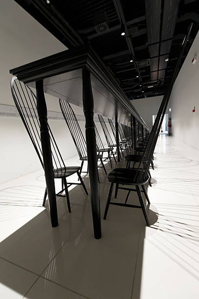 Zero Gravity Concept Wooden Chairs Floating in the Air. 3D Render