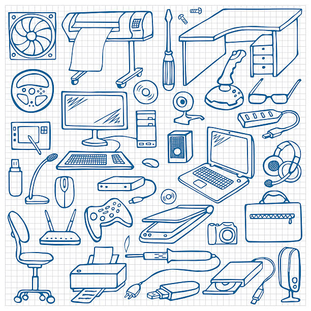 zeichnung doodle computer-set - vector illustration and painting clip art computer graphic stock-grafiken, -clipart, -cartoons und -symbole