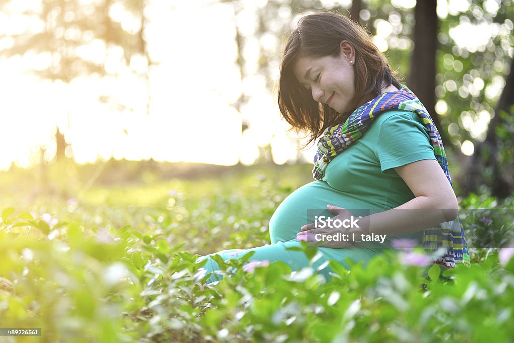 beautiful pregnant Beautiful pregnant Asian woman feeling lovely and smile in the park with warm light sunset Pregnant Stock Photo