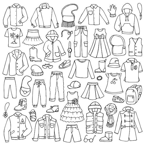 Hand drawn doodle set with childish clothes Vector illustration for backgrounds, textile prints, web and graphic design cartoon t shirt design stock illustrations