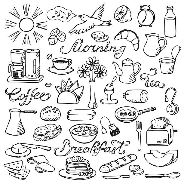 zeichnung doodle set mit frühstück - coffee fried egg breakfast toast stock-grafiken, -clipart, -cartoons und -symbole