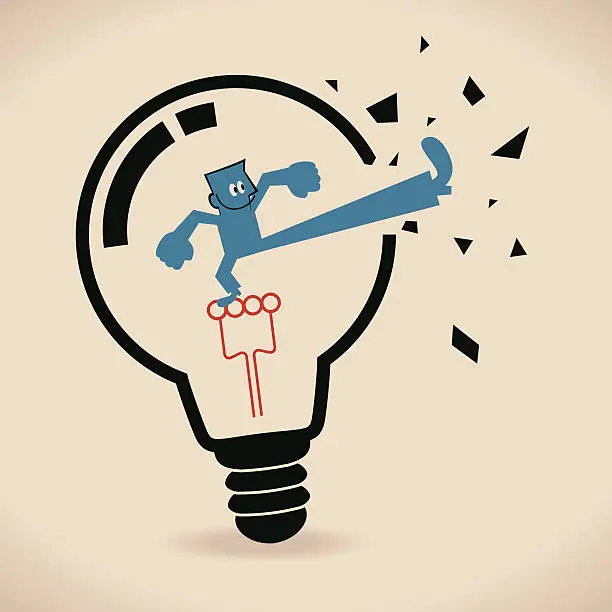Vector illustration of Businessman inside light bulb, breaking it to get out