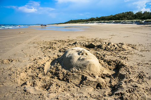 Face sand castle on beach with fisherman and four wheel drive in the far off distance.