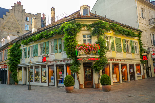 baden baden, germany - August 4, 2013: historical old pharmacy building is located at center of baden-baden germany