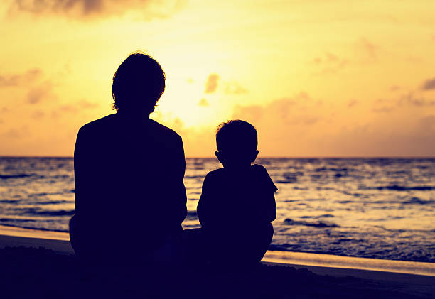 istock father and little son looking at sunset on beach 489256898