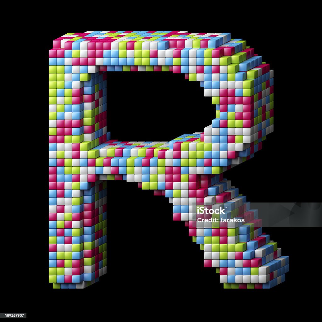 3d pixelated alphabet letter R 3d pixelated alphabet. Letter R made of glossy cubes isolated on black. Abstract Stock Photo