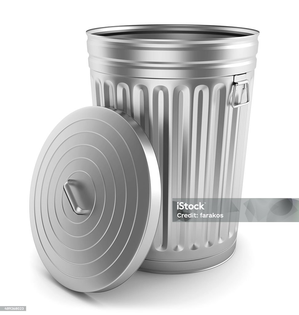 Open steel trash can Open steel trash can isolated on white. Metal Stock Photo