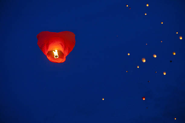 Heart-shaped chinese lantern in the night sky