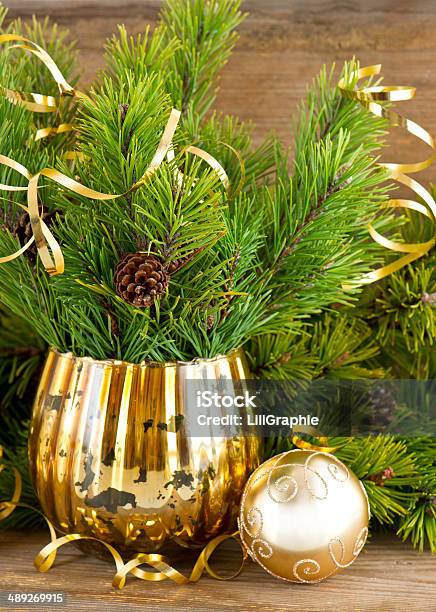 Golden Christmas Balls With Pine Tree Branch Stock Photo - Download Image Now - Advent, Agreement, Celebration