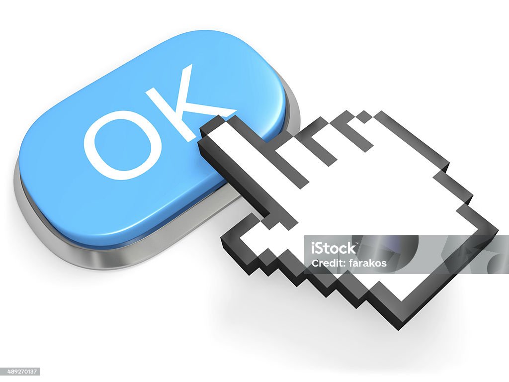 Blue OK button Oval blue button OK and hand cursor isolated on white Agreement Stock Photo