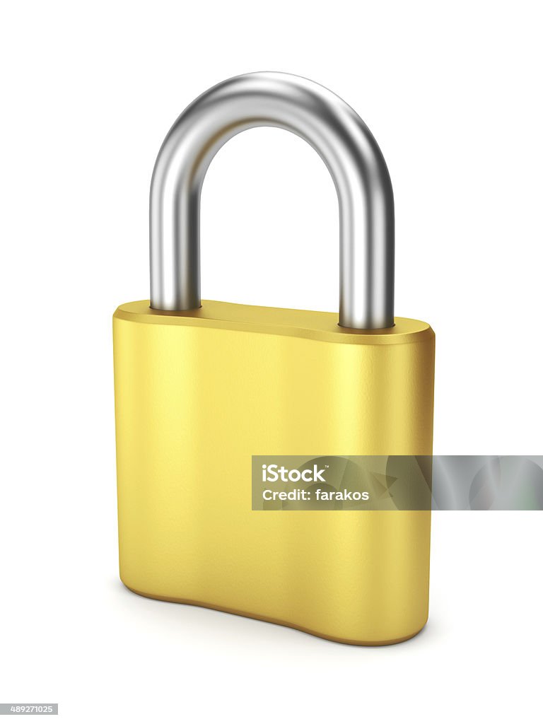 Closed yellow metal lock Closed yellow lock isolated on white background. 3d illustration. Accessibility Stock Photo