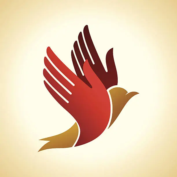 Vector illustration of fly of bird to hand.