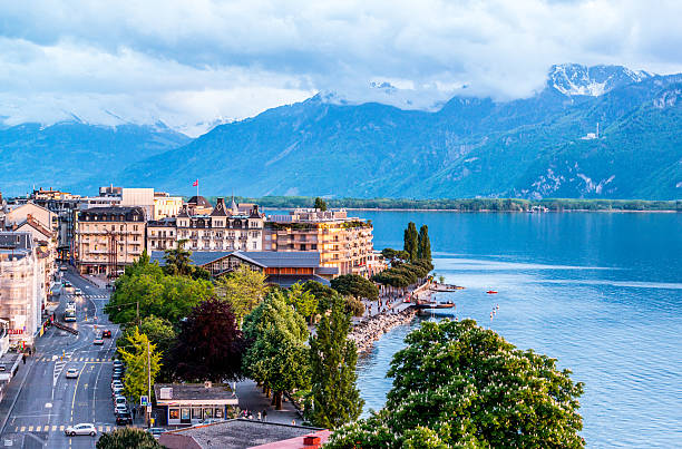 Montreux from above: lake Geneva and Alps stock photo