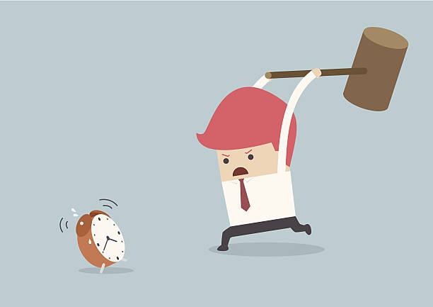 Businessman is trying to smash alarm clock Businessman is trying to smash alarm clock by using big hammer, VECTOR, EPS10 smash alarm clock stock illustrations