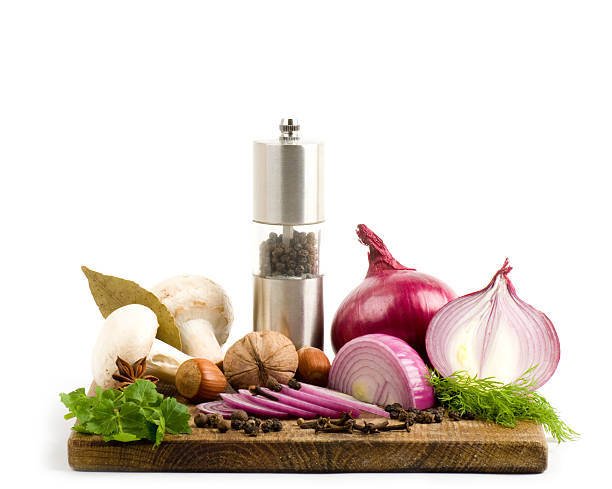 Spice and vegetables on a white background stock photo