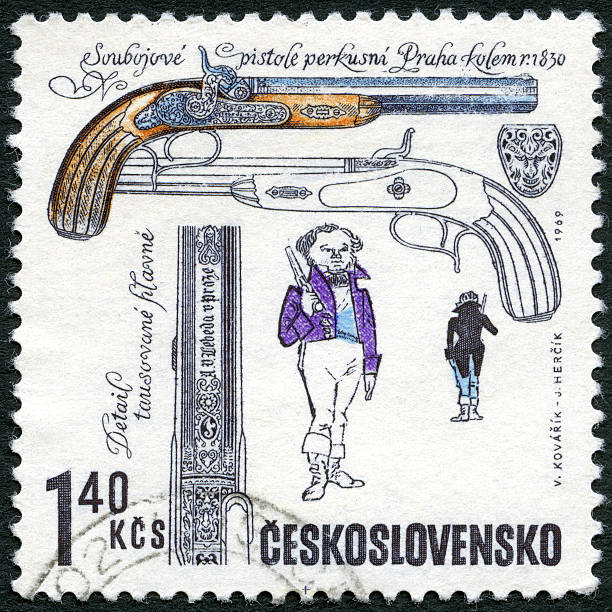 istock Postage stamp Czechoslovakia 1969 shows Duelling pistols 489273463