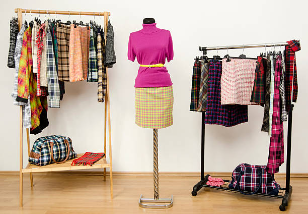 istock Colorful wardrobe with tartan clothes and accessories. 489274503