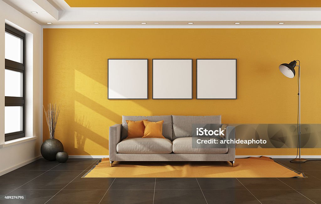 Moderna sala de estar con pared de orange - Foto de stock de Naranja - Color libre de derechos