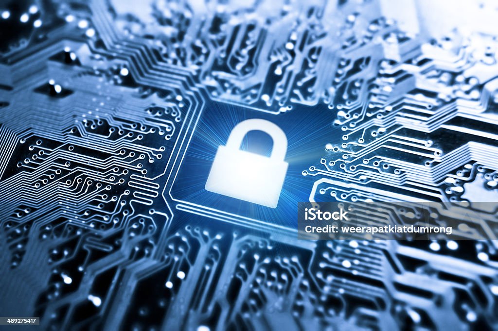 computer security graphic symbol of a lock on a computer circuit board - computer security system Abstract Stock Photo