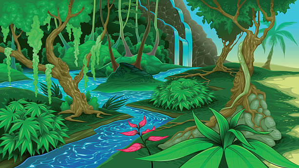 ilustrações de stock, clip art, desenhos animados e ícones de ver na selva - waterfall cartoon tropical rainforest vector