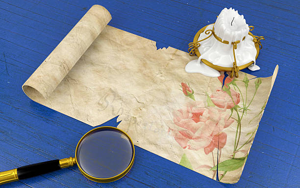 ancien parchemin antique papier sur table - candlestick holder isolated candle medieval photos et images de collection