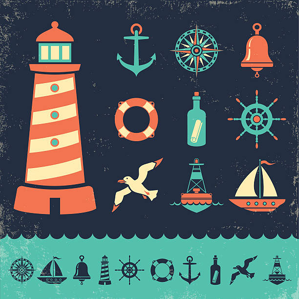 illustrazioni stock, clip art, cartoni animati e icone di tendenza di icone marine vintage - nautical vessel wave pattern old fashioned summer