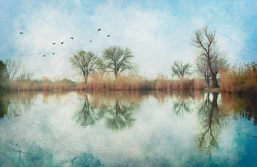 Vintage lake with reflection and moody sky