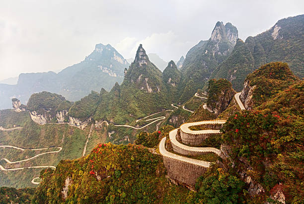 Mountain road in Tianmen Mountain National Park, Zhangjiajie, China Winding road, China hunan province photos stock pictures, royalty-free photos & images
