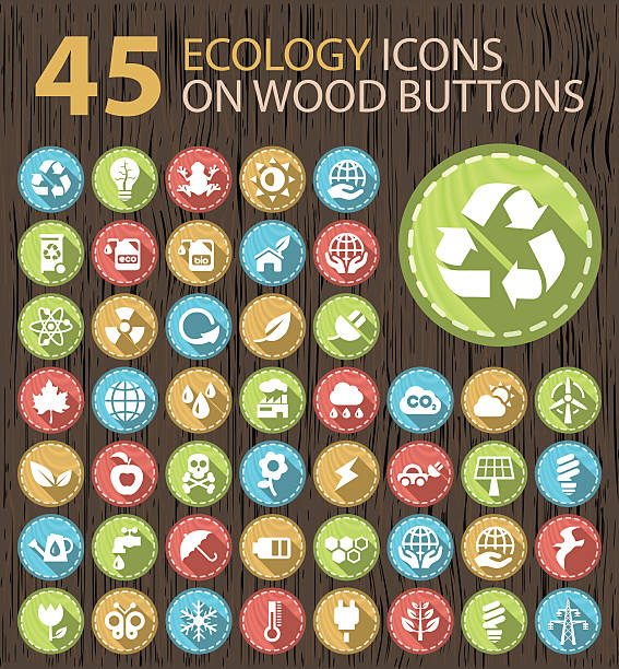 ilustrações, clipart, desenhos animados e ícones de conjunto de ícones de ecologia 45 plana woodbuttons. - drop solar panel symbol leaf