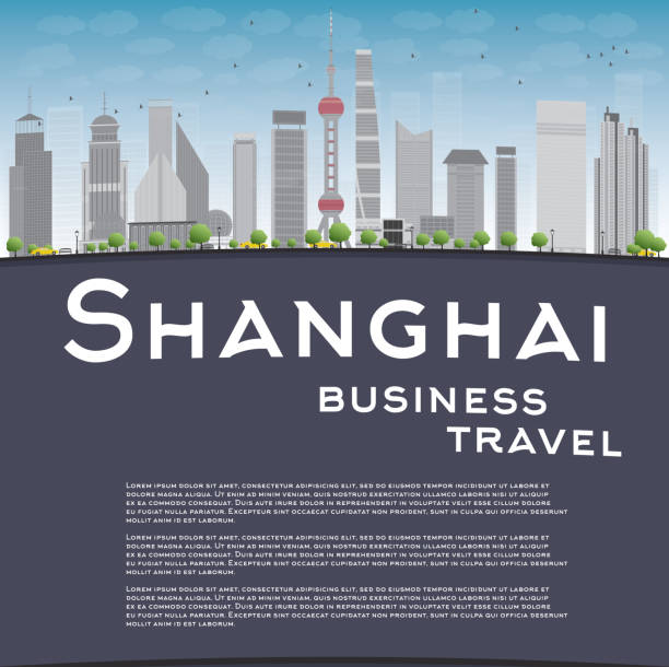 shanghai skyline mit grauem wolkenkratzer und textfreiraum - shanghai finance skyline backgrounds stock-grafiken, -clipart, -cartoons und -symbole