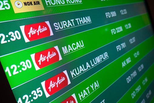 Bangkok, Thailand - Aug 3, 2015 : Electronic display in Don Muang International Airport shows flight arrival.