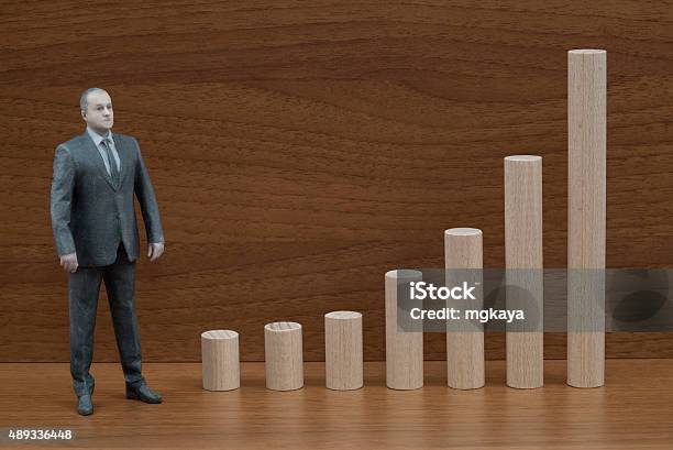 Businessman Action Figure And Wooden Bar Chart Stock Photo - Download Image Now - 2015, Adult, Bar Graph